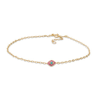 Simulated Turquoise and Red Cubic Zirconia Evil Eye Anklet in 10K Gold - 10"