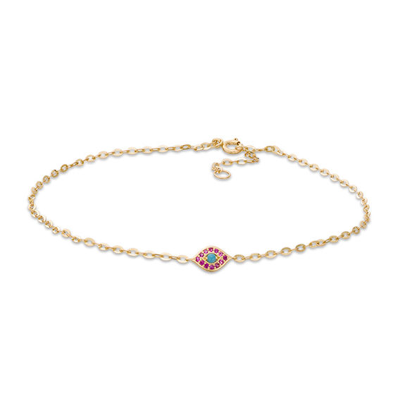 Simulated Turquoise and Red Cubic Zirconia Evil Eye Anklet in 10K Gold - 10"