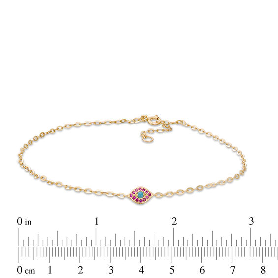 Simulated Turquoise and Red Cubic Zirconia Evil Eye Anklet in 10K Gold - 10"