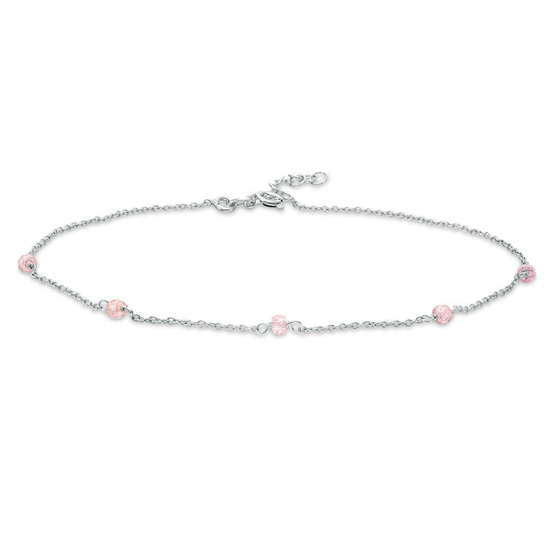 Pink Cubic Zirconia Bead Anklet in Sterling Silver - 10"