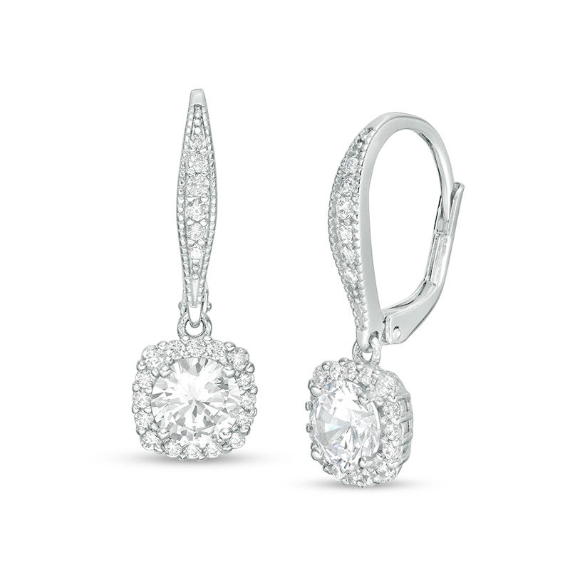 Main Image 1 of 6mm Cubic Zirconia Cushion Frame Vintage-Style Drop Earrings in Sterling Silver