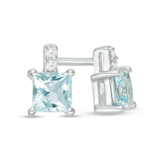 4mm Princess-Cut Lab-Created Blue Quartz and White Sapphire Stud Earrings in Sterling Silver