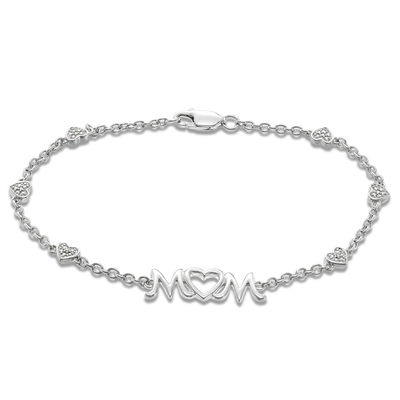 Diamond Accent Heart Station "MOM" Bracelet in Sterling Silver