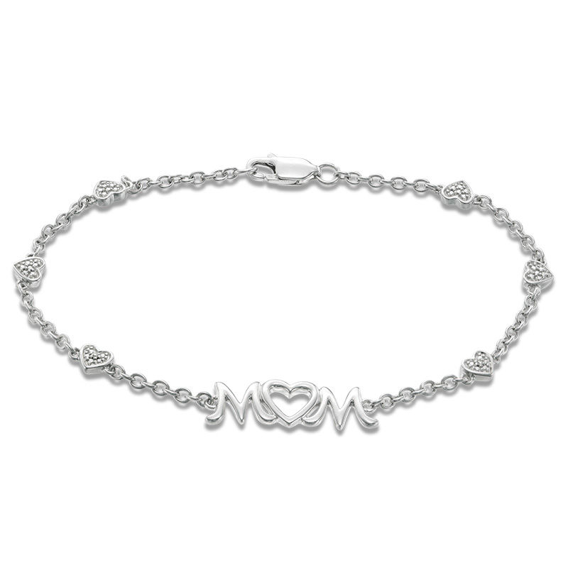 Diamond Accent Heart Station "MOM" Bracelet in Sterling Silver