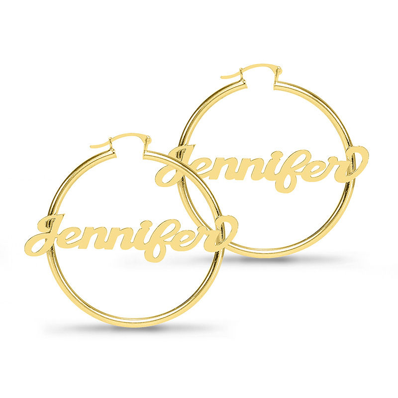 45mm Script Name Tube Hoop Earrings in Sterling Silver with 14K Gold Plate (1 Line)