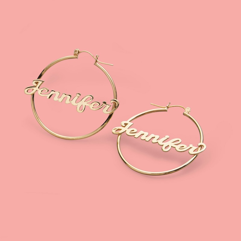 45mm Script Name Tube Hoop Earrings in Sterling Silver with 14K Gold Plate (1 Line)