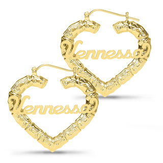 3.3mm Script Name Bamboo Heart Hoop Earrings in Sterling Silver with 14K Gold Plate (1 Line)