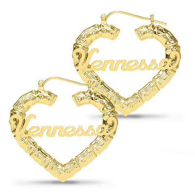 3.3mm Script Name Bamboo Heart Hoop Earrings in Sterling Silver with 14K Gold Plate (1 Line)