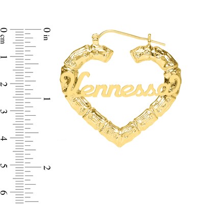 3.3mm Script Name Bamboo Heart Hoop Earrings in Sterling Silver with 14K Gold Plate (1 Line)