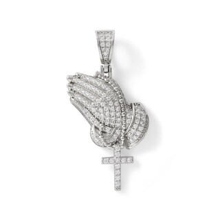Cubic Zirconia Praying Hands with Rosary Necklace Charm in Sterling Silver