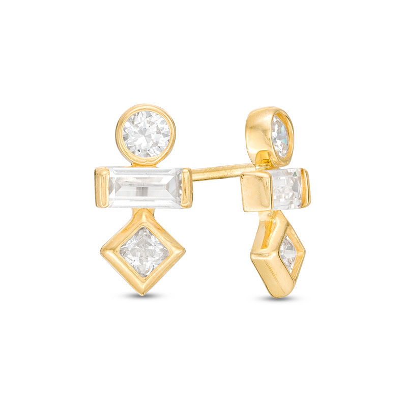 Main Image 1 of Multi-Shape Cubic Zirconia Three Stone Stud Earrings in 10K Gold