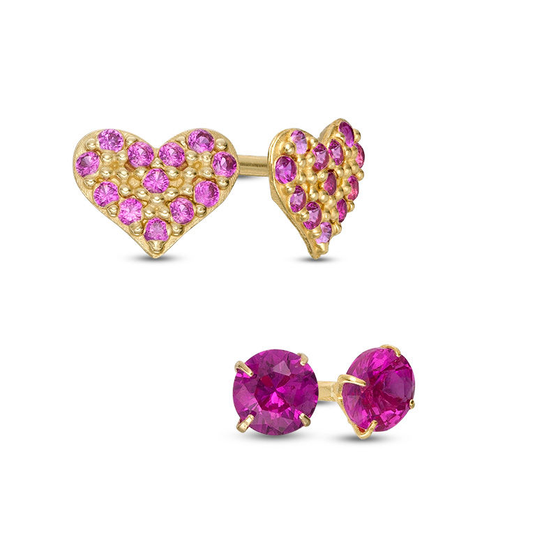 3mm Red Cubic Zirconia Solitaire and Heart Cluster Stud Earrings Set in 10K Gold