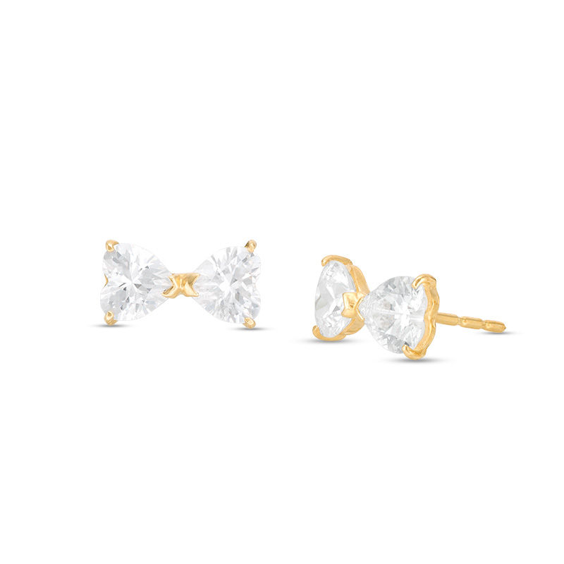 Main Image 1 of Heart-Shaped Cubic Zirconia Bow Stud Earrings in 14K Gold