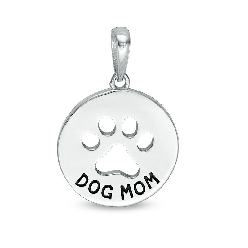 Paw Print Cut-Out "DOG MOM" Disc Necklace Charm in Sterling Silver