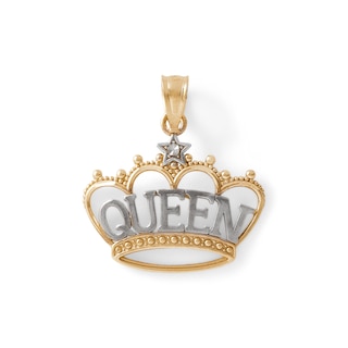 Diamond-Cut "QUEEN" Beaded Crown with Star Accent Two-Tone Necklace Charm in 10K Solid Gold