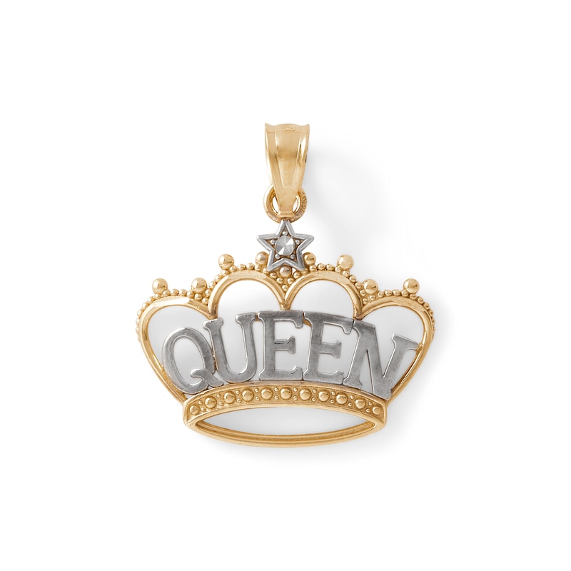 Main Image 1 of Diamond-Cut "QUEEN" Beaded Crown with Star Accent Two-Tone Necklace Charm in 10K Solid Gold