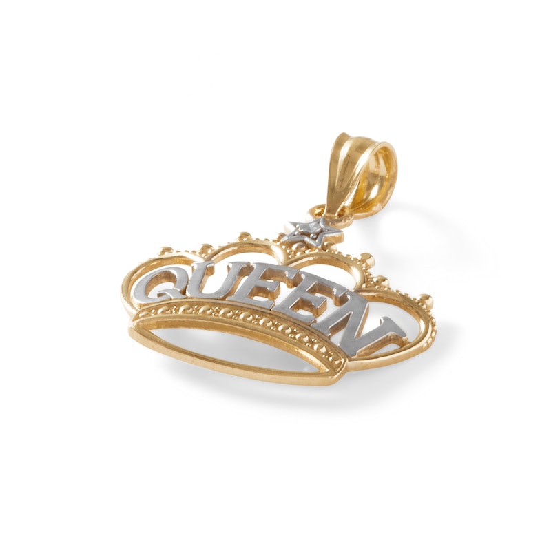 Diamond-Cut "QUEEN" Beaded Crown with Star Accent Two-Tone Necklace Charm in 10K Solid Gold