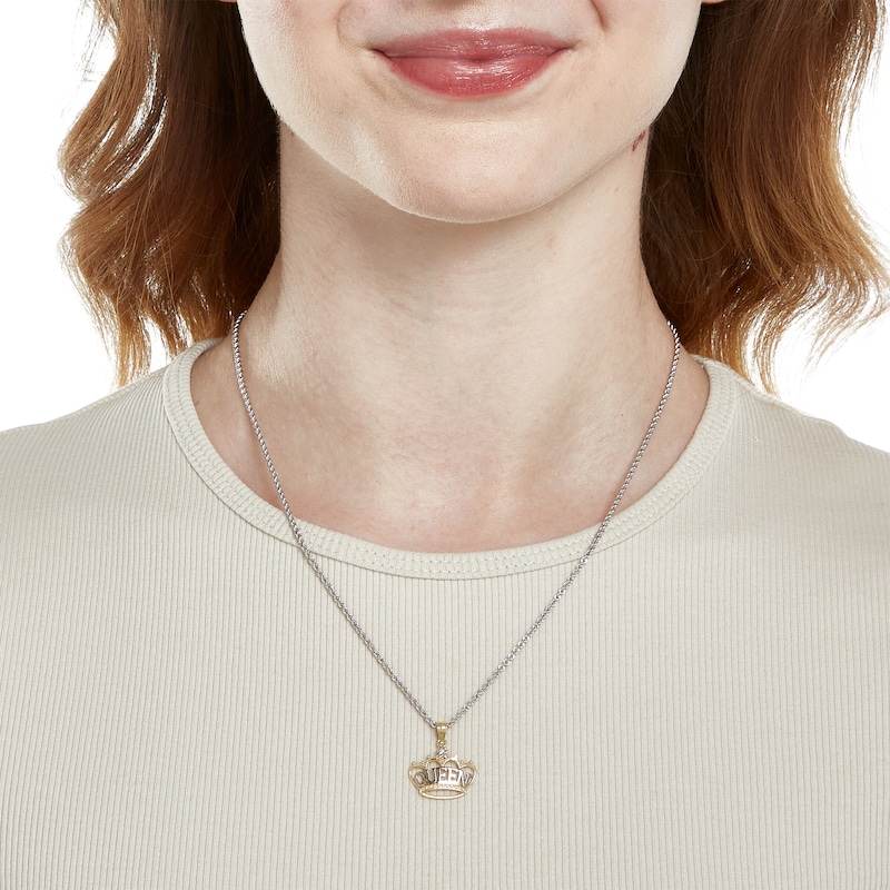 Main Image 3 of Diamond-Cut "QUEEN" Beaded Crown with Star Accent Two-Tone Necklace Charm in 10K Solid Gold