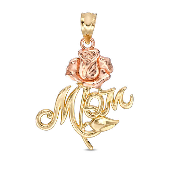 Diamond-Cut "MOM" and Rose Necklace Charm in 10K Two-Tone Gold