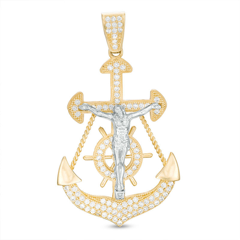 Main Image 1 of Cubic Zirconia Crucifix Anchor Necklace Charm in 10K Two-Tone Gold