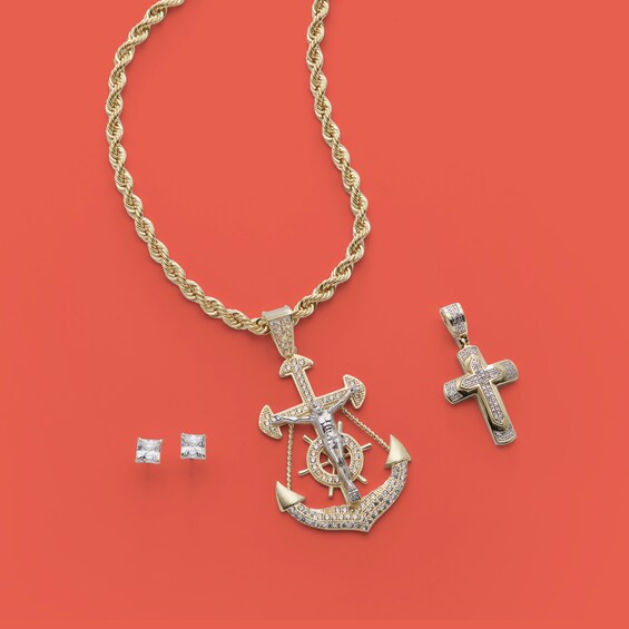 Cubic Zirconia Crucifix Anchor Necklace Charm in 10K Two-Tone Gold