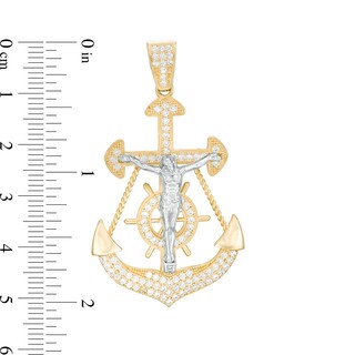 Cubic Zirconia Crucifix Anchor Necklace Charm in 10K Two-Tone Gold