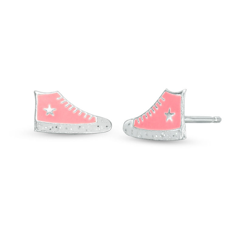 Main Image 1 of Child's Pink and White Glitter Enamel High Top Sneaker Stud Earrings in Sterling Silver