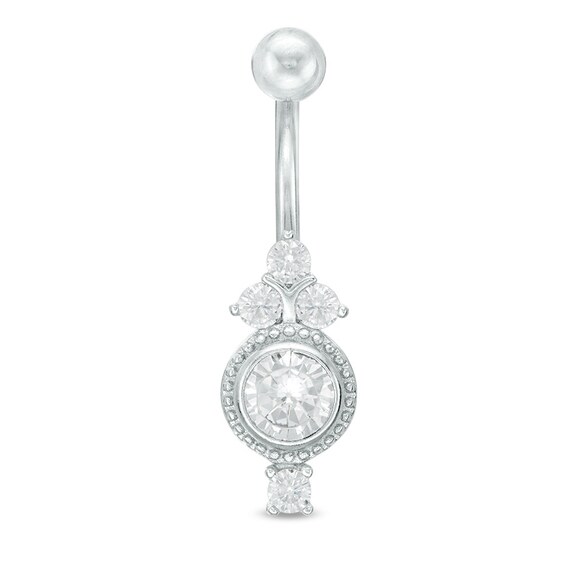 014 gauge Cubic Zirconia Bead Frame Tri-Top Belly Button Ring in Stainless Steel