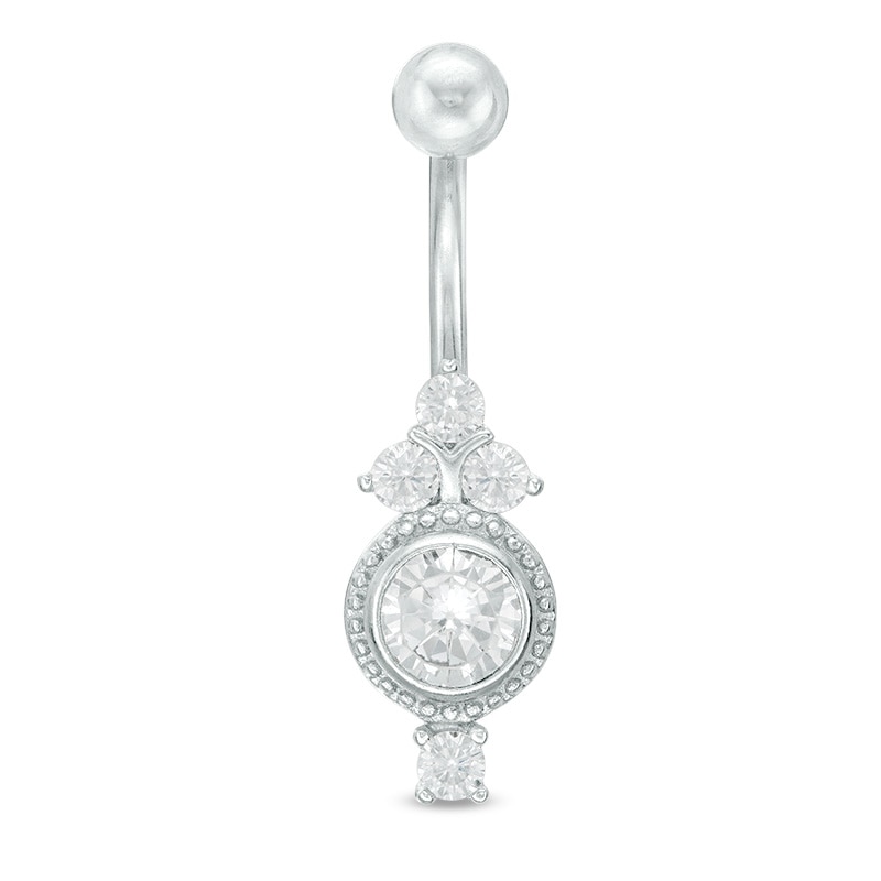 014 gauge Cubic Zirconia Bead Frame Tri-Top Belly Button Ring in Stainless Steel