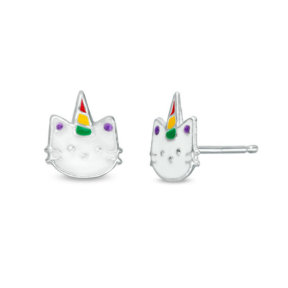 Child's Multi-Color Enamel Unicorn Cat Stud Earrings in Sterling Silver