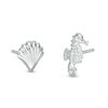Child's Seahorse and Seashell Mismatch Stud Earrings in Sterling Silver