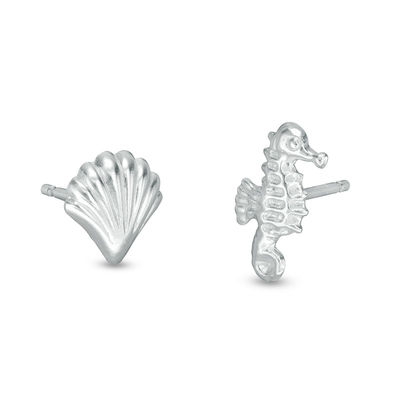 Child's Seahorse and Seashell Mismatch Stud Earrings in Sterling Silver