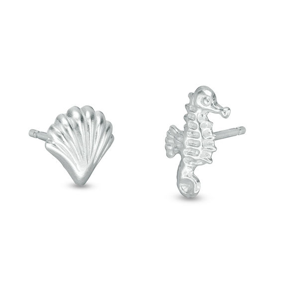Child's Seahorse and Seashell Mismatch Stud Earrings in Sterling Silver