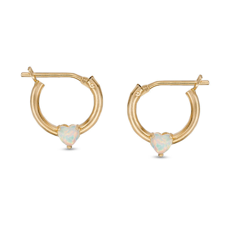 Child's 3mm Heart-Shaped Simulated Opal Hoop Earrings in 14K Gold