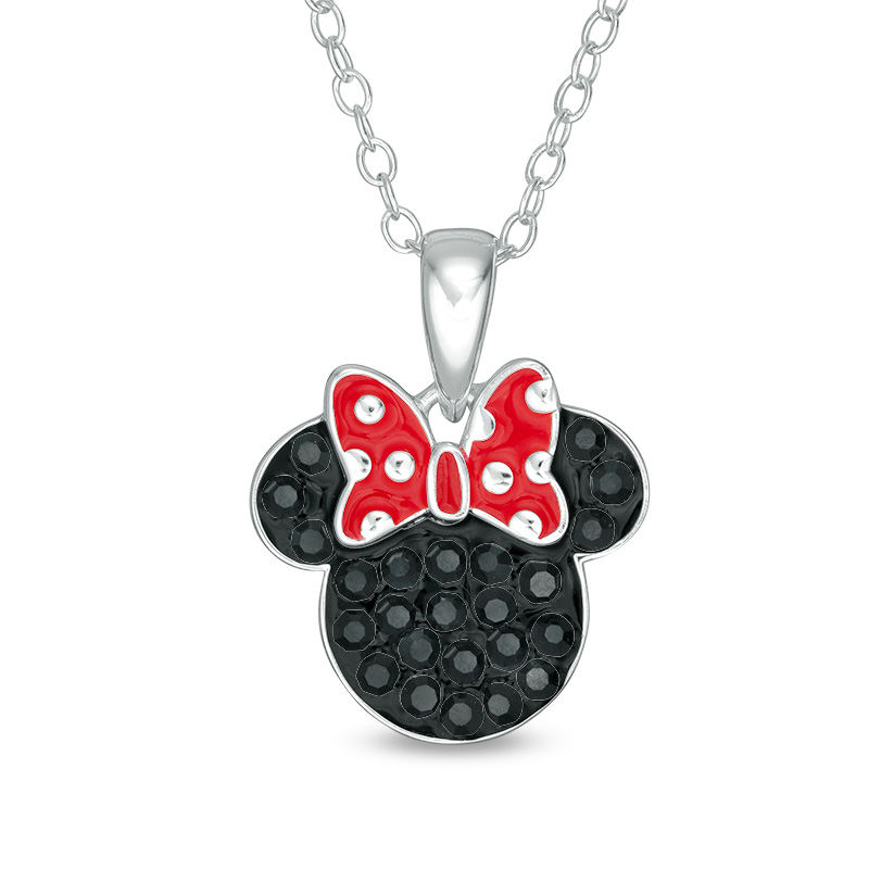 Child's Black Crystal ©Disney Minnie Mouse with Red and White Enamel Polka Dot Bow Pendant in Solid Sterling Silver - 15"