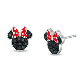 Child's Black Crystal ©Disney Minnie Mouse with Red and White Enamel Polka Dot Bow Stud Earrings in Solid Sterling Silver