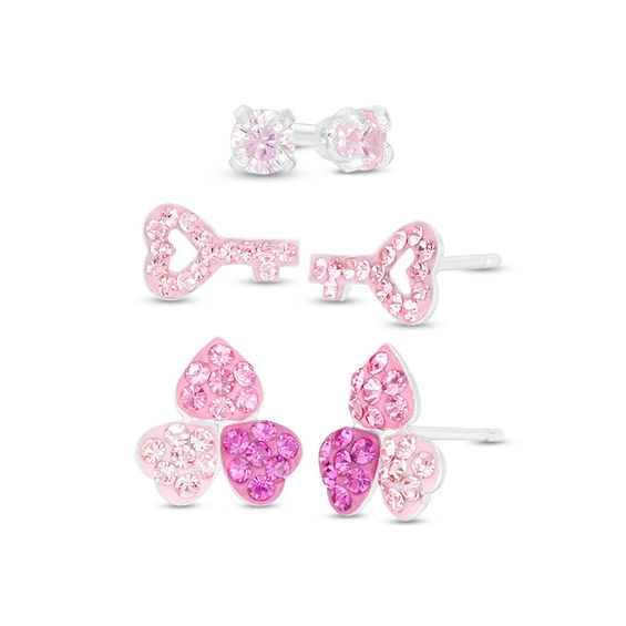 Child's 3mm Pink Cubic Zirconia and Crystal Enamel Solitaire, Heart Key and Trio Stud Earrings Set in Sterling Silver