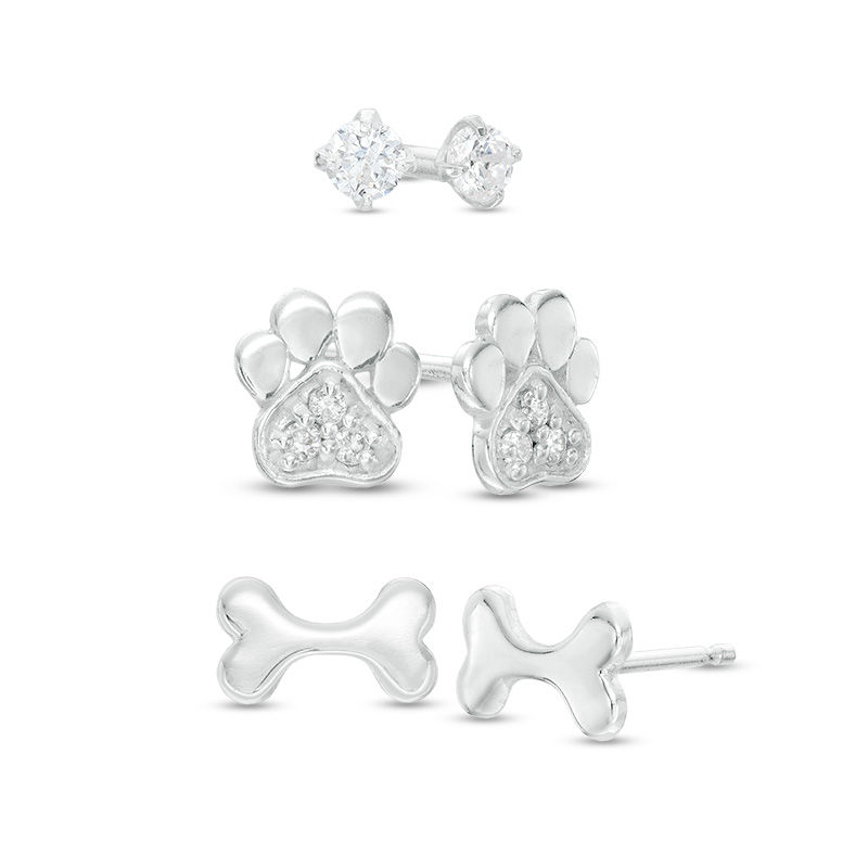 Child's 3mm Cubic Zirconia Solitaire, Paw Print and Dog Bone Stud Earrings Set in Sterling Silver