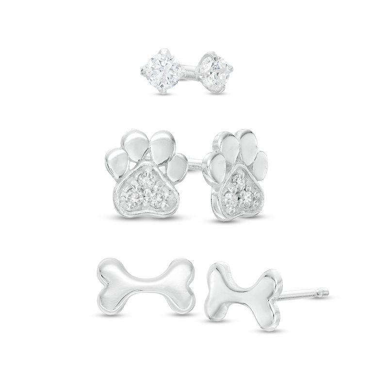 Main Image 1 of Child's 3mm Cubic Zirconia Solitaire, Paw Print and Dog Bone Stud Earrings Set in Sterling Silver
