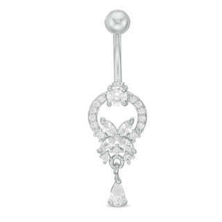 014 gauge Cubic Zirconia Floral Doorknocker with Teardrop Dangle Belly Button Ring in Stainless Steel