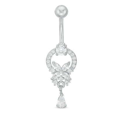 014 gauge Cubic Zirconia Floral Doorknocker with Teardrop Dangle Belly Button Ring in Stainless Steel