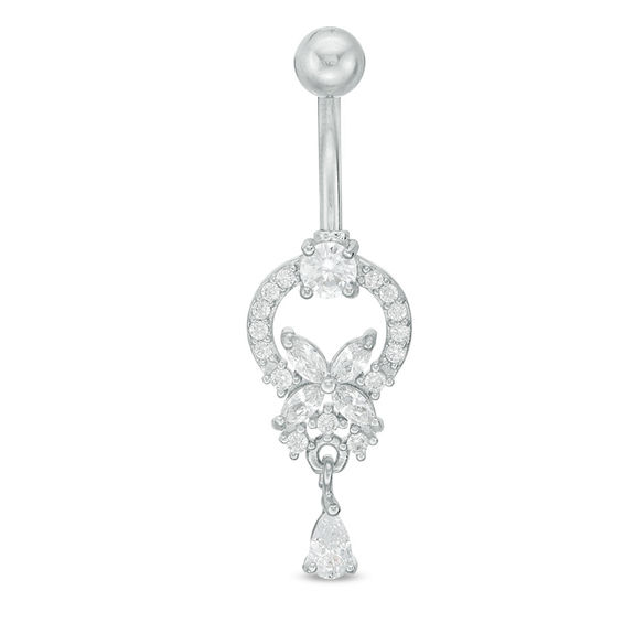 014 gauge Cubic Zirconia Floral Doorknocker with Teardrop Dangle Belly Button Ring in Stainless Steel