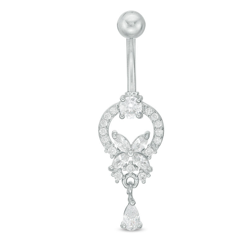 Main Image 1 of 014 gauge Cubic Zirconia Floral Doorknocker with Teardrop Dangle Belly Button Ring in Stainless Steel
