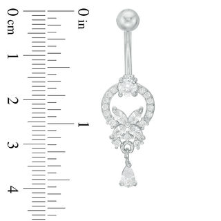 014 gauge Cubic Zirconia Floral Doorknocker with Teardrop Dangle Belly Button Ring in Stainless Steel