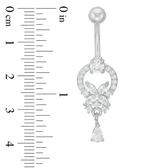 014 gauge Cubic Zirconia Floral Doorknocker with Teardrop Dangle Belly Button Ring in Stainless Steel