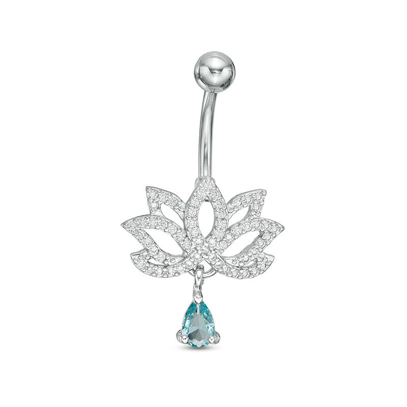 014 Gauge Pear-Shaped Blue Glass Dangle and White Cubic Zirconia Lotus Flower Belly Button Ring in Solid Stainless Steel