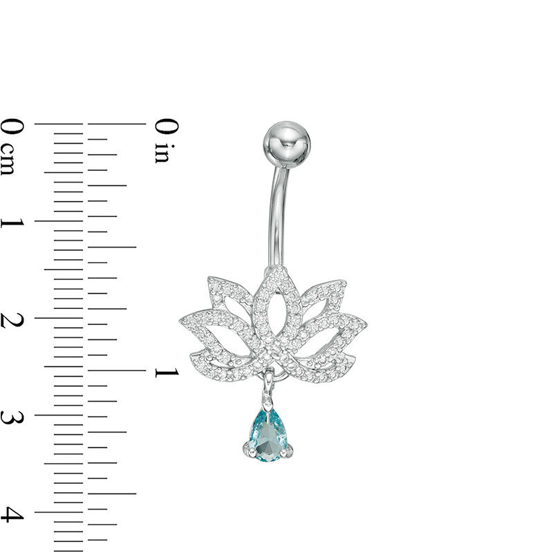 014 Gauge Pear-Shaped Blue Glass Dangle and White Cubic Zirconia Lotus Flower Belly Button Ring in Solid Stainless Steel