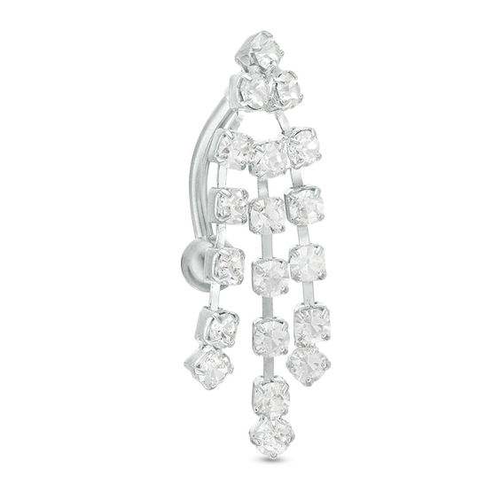 014 gauge Crystal Cascading Linear Dangle Top Down Belly Button Ring in Stainless Steel