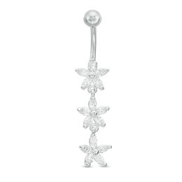 014 gauge Marquise Cubic Zirconia Triple Flower Dangle Belly Button Ring in Solid Stainless Steel