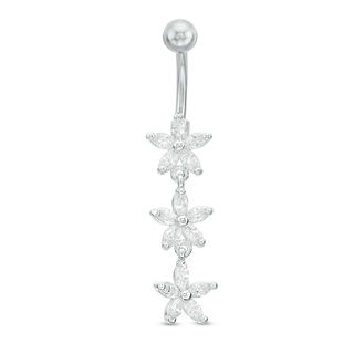 Solid Stainless Steel CZ Marquise Triple Flower Dangle Belly Button Ring - 14G